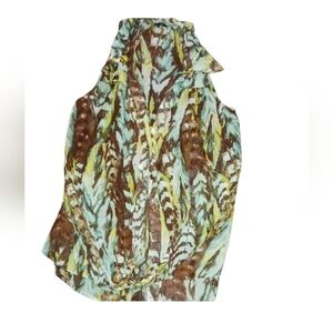 XOXO Green and Brown Feather Print Top